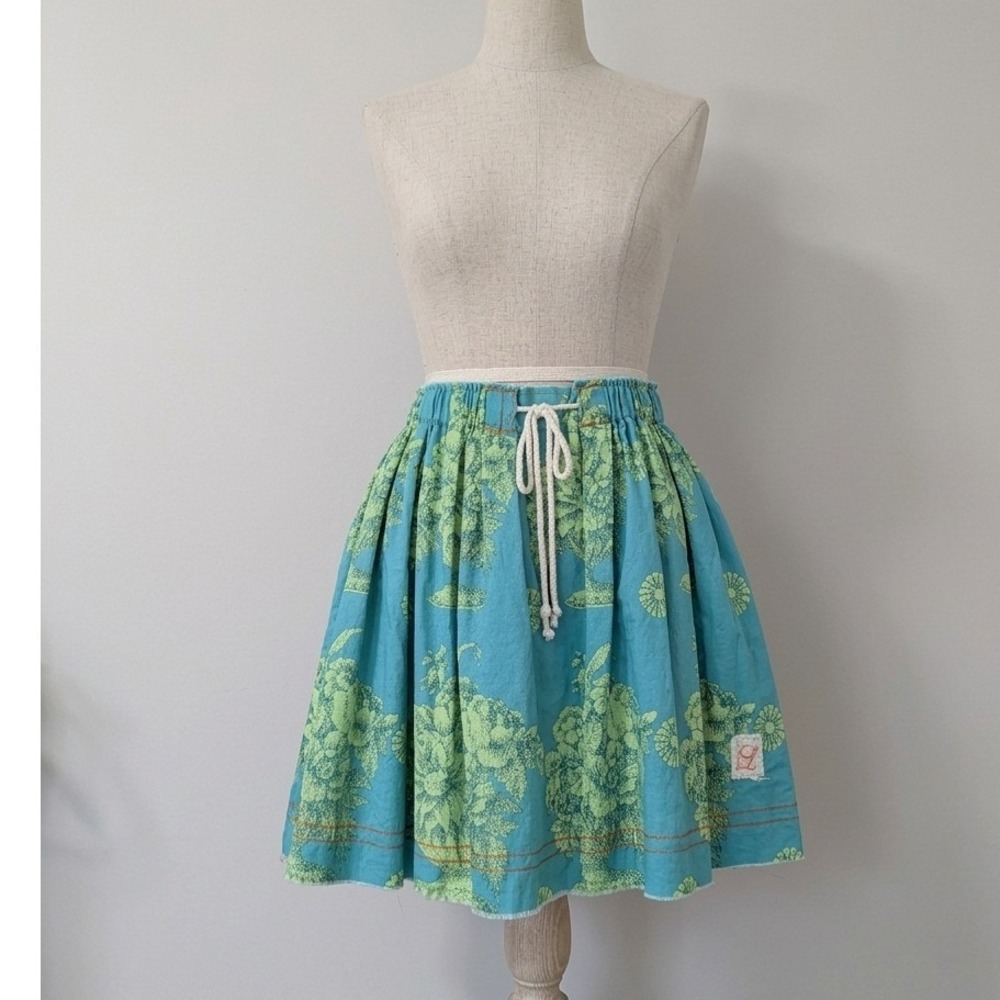 Lema French Market Skirt‎ Turquoise Lime Green Floral Drawstring Mini Skirt OS